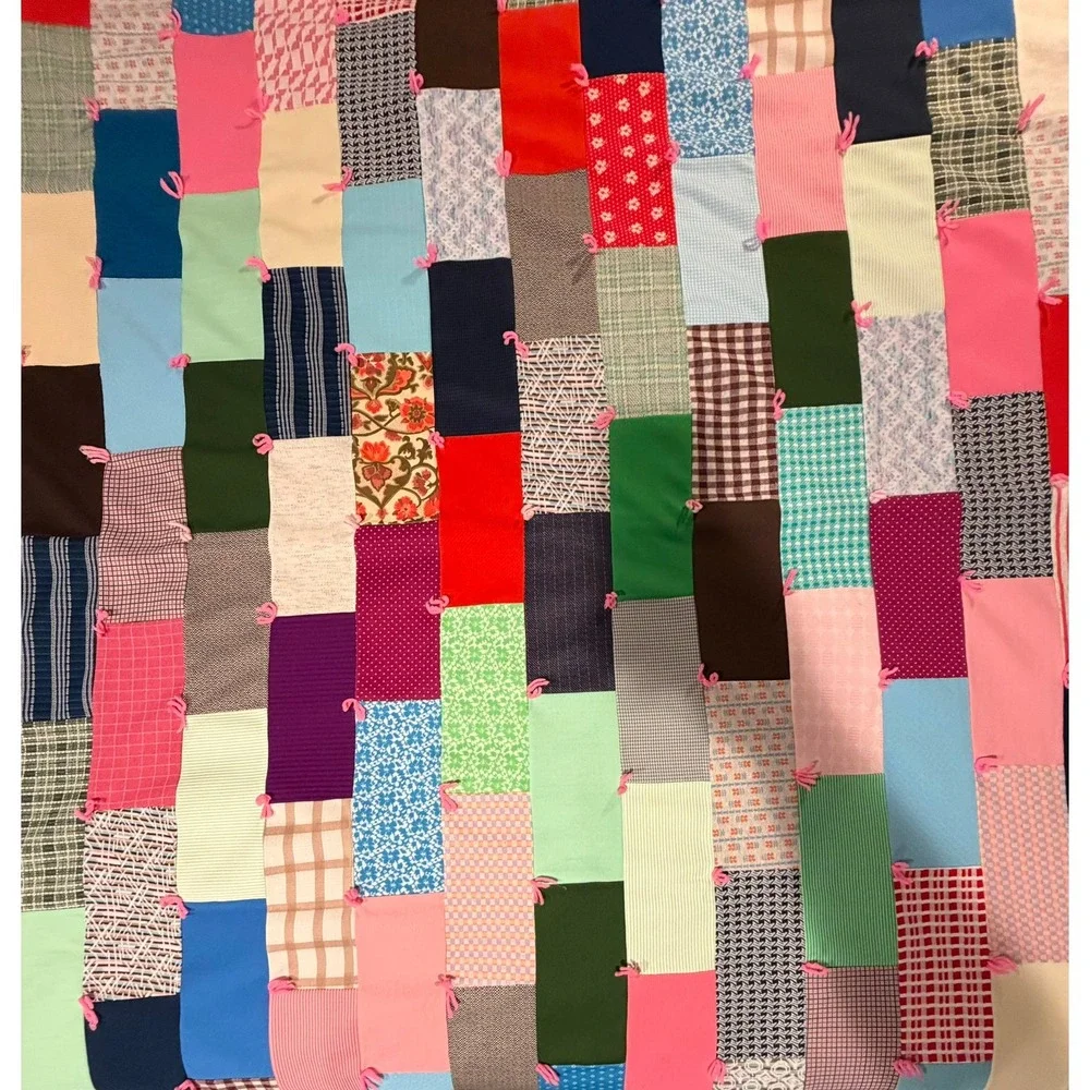 Vintage Handmade Patchwork Tied Quilt Multi Color Scrap‎ Blanket Pink Backing